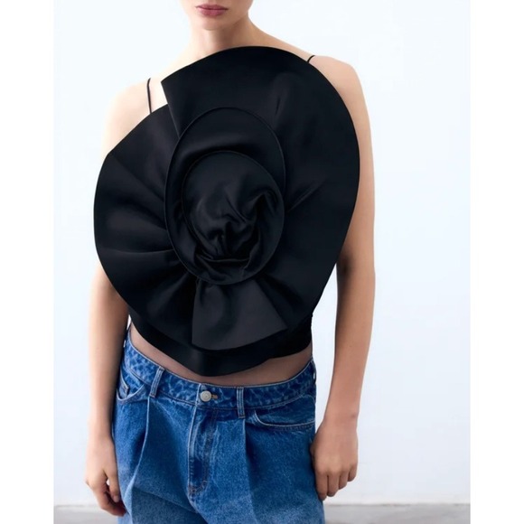 Magda Butrym x H&M Tops - Magda Butrym x H&M Black 3D Flower Rosette Ruched Bustier Top Spaghetti Strap
